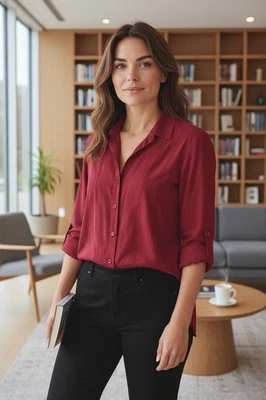 ¡Nuevo! Camisa Top CMC Color Me Algodón Talla L Acampanada Borgoña LS Trabajo Universidad Core Foto 1 de 4