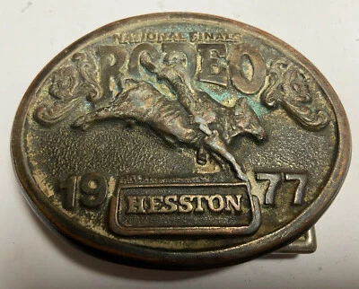 Vintage 1977 HESSTON Rodeo Cowboy Western Brass Tone Belt Buckle - Image 1 of 4