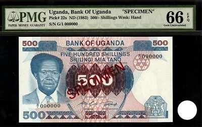 Uganda 500 chelines 1983 ESPECIMEN PMG 66 EPQ Pick #22s Foto 1 de 2