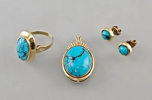 9325012 585er Gold Türkis-garnitur Ring Pendant Stud Earring - Picture 1 of 9