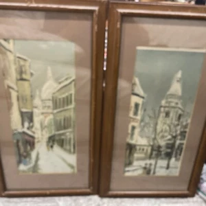 Mid Century Vintage Maurice Utrillo Street Scenes Framed Lithograph Pair 26x14.5 - Picture 1 of 8