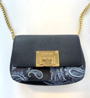 MICHAEL KORS Tina Messenger Crossbody Leather Clutch Bag Purse Navy Blue Paisley - Image 1 of 4