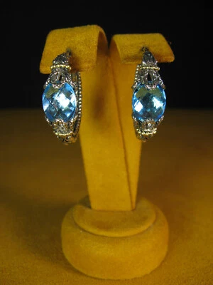 BARBARA BIXBY EARRINGS BLUE TOPAZ GEMSTONE BRIOLETTE HOOP SS 18K CARVED Gift - Image 1 of 3