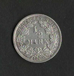 DEUTSCHLAND 1909 Feinsilber Münze 1/2 Mark KM # 17 dc10 - Bild 1 von 2