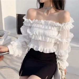 Women Chiffon Ruffle Off-shoulder Blouse Top Pleated Long Puff Sleeve Tiered Top - Picture 1 of 17