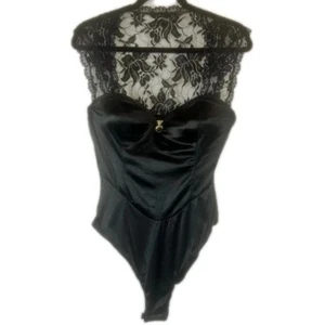 NWT 80s VINTAGE VICTORIAS SECRET GOLD LABEL BLACK SATIN & LACE Lace Bodysuit S - Picture 1 of 18