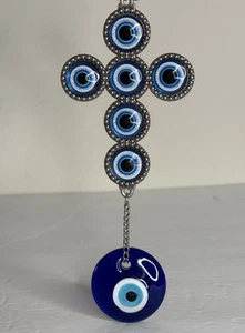 "Adorno colgante de cruz y mal de ojo artístico de vidrio azul tono plata 6""" - Imagen 1 de 19
