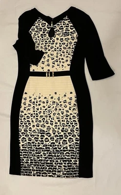 "Vestido Joseph Ribkoff Beige Negro Floral Adorno Dorado 18"" Cremallera Talla 14 Usado en Excelente Condición" Foto 1 de 4