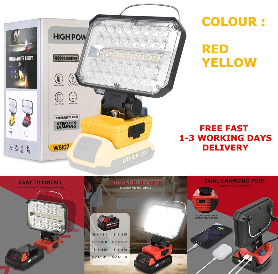 Cordless Flood Light 40W 4800LM | Portable LED Work Light with USB & Type-C - Image 1 of 1
