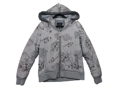 Chaqueta Fox Riders Co Para Hombres XL Gris Cremallera Capucha Puffer Imitación Piel Tatuaje Estampado Foto 1 de 4