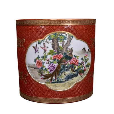 Maceta de porcelana de pájaro flores rosa familia esmalte rojo borde dorado chino B Foto 1 de 4