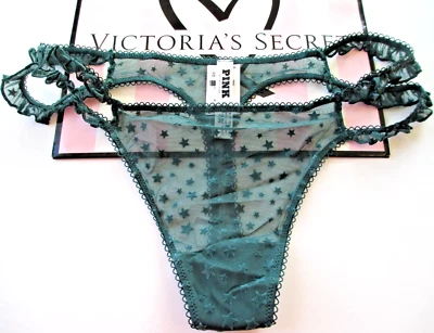 VICTORIA'S SECRET PINK Strappy Thong Panty VS Dark Green S M Mesh Velvet Stars - Image 1 of 4