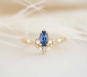 Blue Sapphire Marquise Cut Ring Engagement Ring 925 Silver valentines gift ring - Picture 1 of 3
