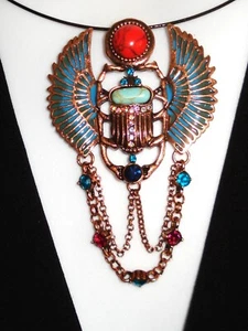 3x2" Winged Scarab Rhinestone Copper Pendant on 18" Cable Screw Clasp Necklace - Picture 1 of 16