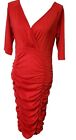 Poseshe Womens Large Deep V Neck Wrap Ruched Waisted Bodycon Dress Red