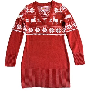 Tipsy Elves Orange Christmas Knit Sweater Dress Womens Small Reindeer V-Neck - Picture 1 of 14
