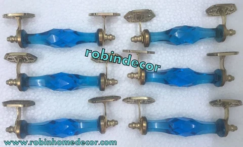 New Glass 7" Blue Door Handle w Brass Puller Cabinet Cupboard Best Product 6 Pcs Cover