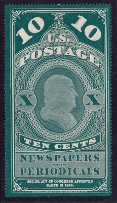 US Scott PR2(a), 1865 Newspapers Periodicals, 10c blue green, MINT NGAI - Image 1 of 2
