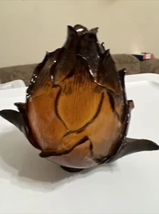 Vintage Amber Pressed Glass Artichoke Globe Wit Metal Leafs Unique Decorative - Picture 1 of 11