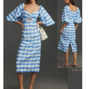 NWT $498 RHODE NOA LINEN MIDI DRESS WITH BLUE & WHITE GINGHAM DRESS SIZE 6 - Picture 1 of 9