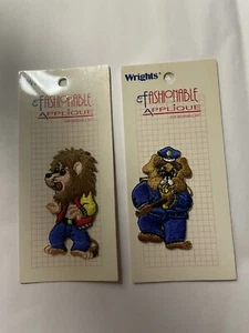 Vintage Wrights Iron On Patch - Set Of 2 - Police Dog & School Lion (NOS) - Picture 1 of 6