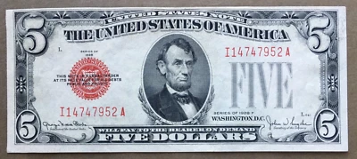 1928F $5 SELO VERMELHO [] Fr. 1531-Wide 1 [] Consecutive IA Block SN# I 14747952 A - Imagem 1 de 3