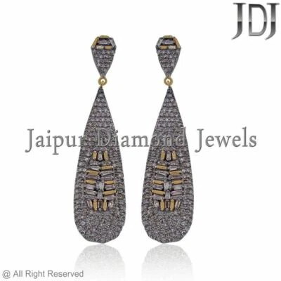 14k Gold Pave Diamond Earrings 925 Solid Silver Vintage Style Handmade Jewelry - Image 1 of 3
