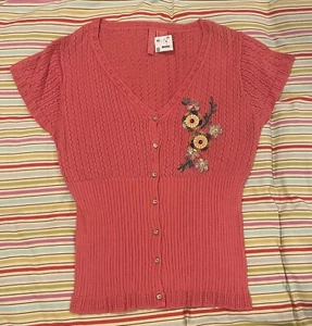 NEW CHARLOTTE TARANTOLA Pink V Neck Sweater Cardigan Knit Shirt Beaded Size XL - Picture 1 of 9