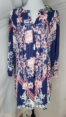 Top túnica boho floral XL de La Cera para mujer manga 3/4 azul rosa cuello en V nuevo con etiquetas  Foto 1 de 4