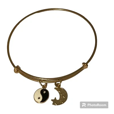 Ying Yang Half Moon Star Charm Bracelet Gold Tone Wire Slider Adjustable Yoga - Image 1 of 4