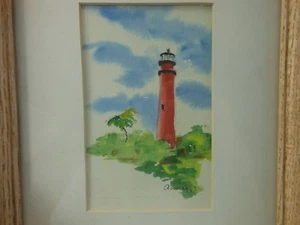 Faro acquerello firmato incorniciato rovere bianco - Foto 1 di 5