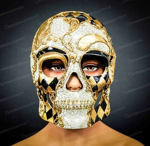 Day of the Dead Skull Full Face Halloween Mask Mardi Gras Gold Black M31094G - Picture 1 of 8