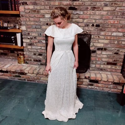 Vintage 40s Floral Lace Wedding Dress XS Ruffle Neck Cream Handmade - Image 1 of 4