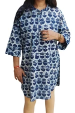 INDI BOHO Tunic Dress Top INDIGO Blue Floral Print Handloom Cotton side slit L
