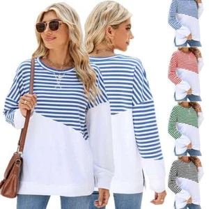 Women's Long Sleeve Tops Round Neck T-Shirt Casual Stripe Loose Tops Blouse - Picture 1 of 18