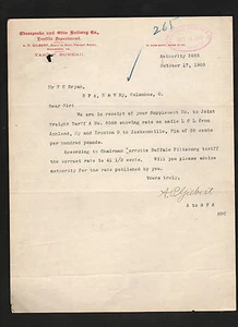 Chesapeake & Ohio Railway signed 1903 letter railroad agent Alexander P. Gilbert - Picture 1 of 1