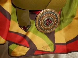 ECHO Silk Scarf BoHo Chic & L Belt Chico's Leather Oversize Stone Studded Buckle - Picture 1 of 5