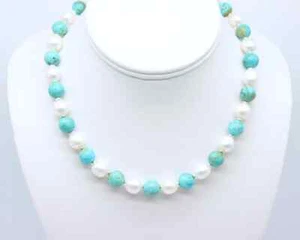 Blue Arizona Turquoise and Freshwater Pearls Necklace, Large 10mm Choker Jewelry - Picture 1 of 7