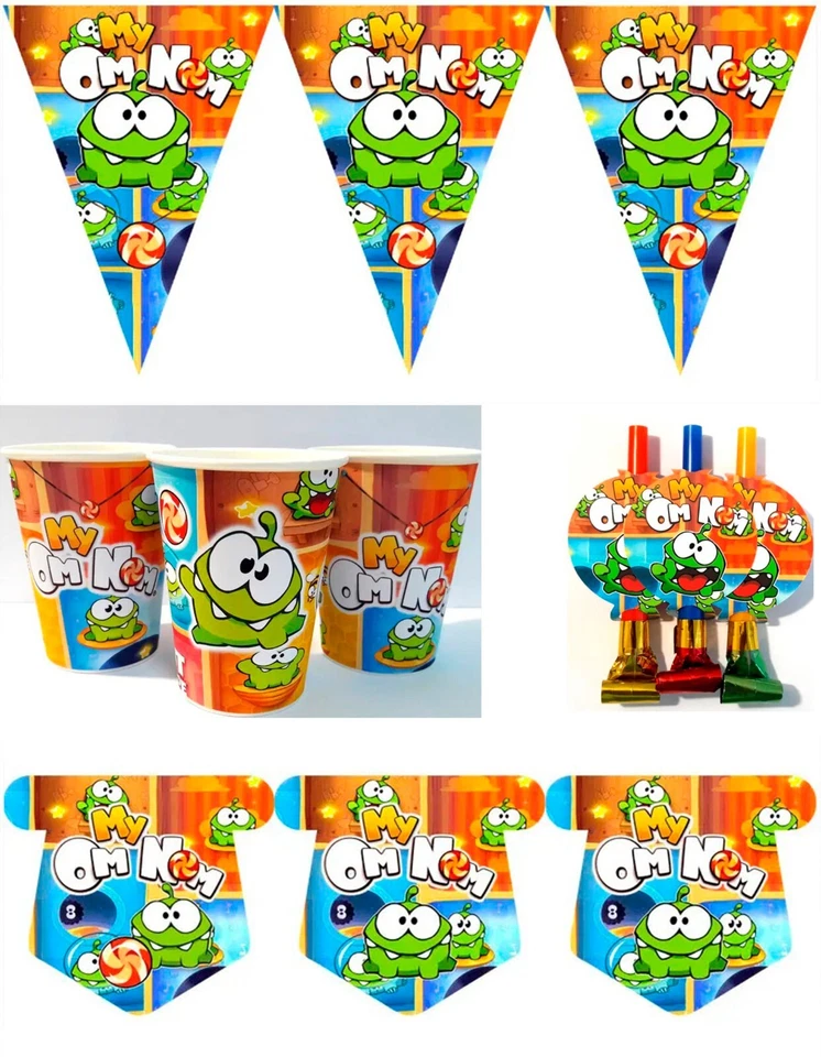 Om Nom Party Birthday Banner Plate Cup Goodie Bags Favor Box Hat Party Toppers - Image 1 of 1