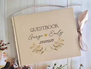 PERSONALISIERTES BLUMEN HOCHZEIT SATIN GÄSTEBUCH, GOLD BEIGE BRAUT ERINNERUNGSALBUM - Bild 1 von 2