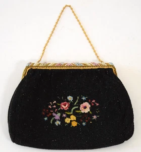 Cartera vintage hecha a mano negra con cuentas bordada cadena dorada asa superior - Imagen 1 de 15