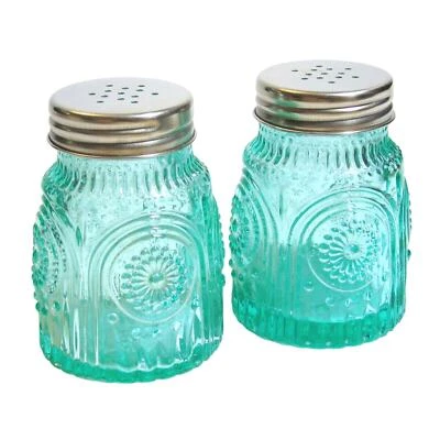 CONJUNTO DE SAL E PIMENTA VINTAGE Pioneer Woman Adeline LG VIDRO TURQUESA AQUÁTICA transparente - Imagem 1 de 4