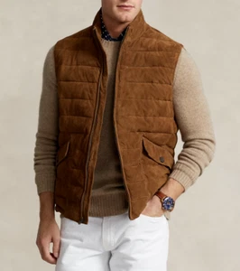 Brown Suede Leather Quilted Puffer Vest for Men Size XS S M L XL XXL 3XL - Picture 1 of 7