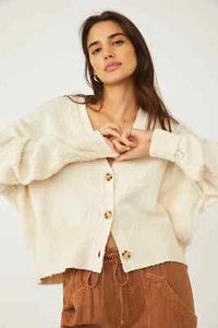Free People Found My Friend Strickjacke Elfenbein Creme Beige Boucle Gr. M Oversized - Bild 1 von 9