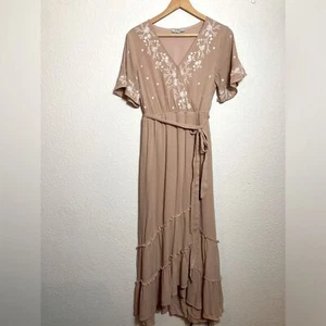 Polagram dusty rose tiered maxi dress wrap top white embroidery flutter sleeve S - Picture 1 of 9