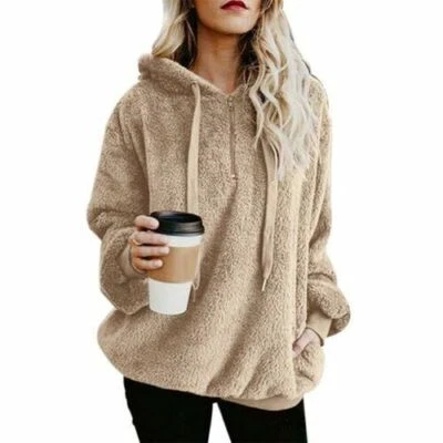 Mujeres Sudadera Esponjosa Sudadera con Capucha Oso de Peluche Jersey con Capucha Polar Pullover Cálido Top Foto 1 de 4