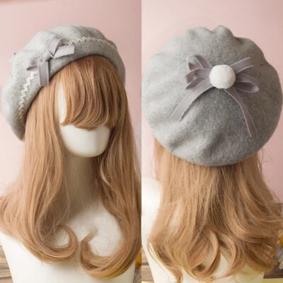 Women Lolita Beret Cap Painter Hat Warm Bow Trim Japanese Cute Sweet Winter NEW - Image 1 of 4