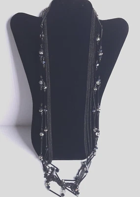 Vintage 42" Black Glass Bead Necklace Tubes & Facet Cut Multistrand Silver - Image 1 of 4
