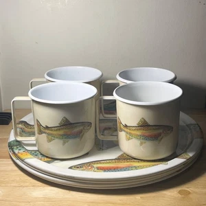 Juego de 8 tazas y platos cargador de pescado de lubina de granero de cerámica retirados colección de esmalte - Imagen 1 de 22