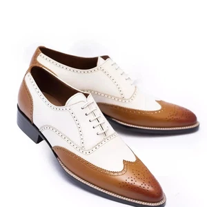 Handcraft Leather Two Tone Brown & White Lace Up Dress Shoes For Men Elegant - Picture 1 of 4